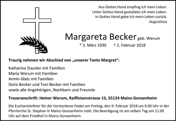 Traueranzeige von Margareta Becker von Trauerportal Rhein Main Presse