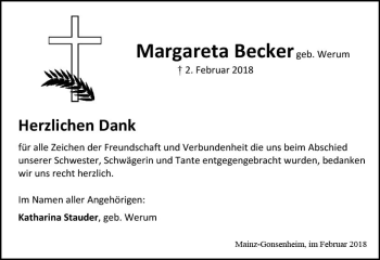Traueranzeige von Margareta Becker von Trauerportal Rhein Main Presse