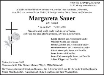 Traueranzeige von Margareta Sauer von Trauerportal Rhein Main Presse