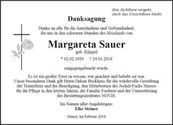 Traueranzeige von Margareta Sauer von Trauerportal Rhein Main Presse