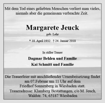 Traueranzeige von Margarete Jeuck von Trauerportal Rhein Main Presse