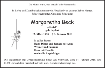 Traueranzeige von Margaretha Beck von Trauerportal Rhein Main Presse