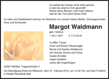 Traueranzeige von Margot Waldmann von Trauerportal Rhein Main Presse
