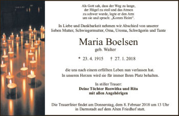Traueranzeige von Maria Boelsen von Trauerportal Rhein Main Presse