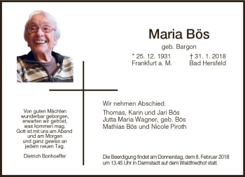 Traueranzeige von Maria Bös von Trauerportal Rhein Main Presse