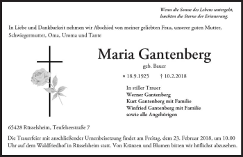 Traueranzeige von Maria Gantenberg von Trauerportal Rhein Main Presse