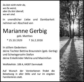 Traueranzeige von Marianne Gerbig von Trauerportal Rhein Main Presse