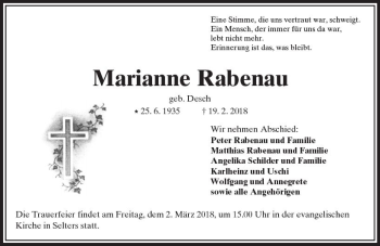 Traueranzeige von Marianne Rabenau von  Kreisanzeiger