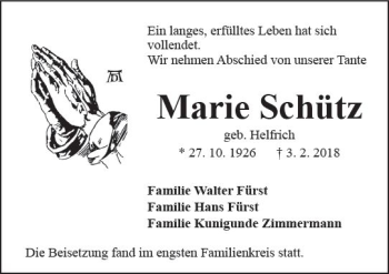 Traueranzeige von Marie Schütz von  Kreisanzeiger