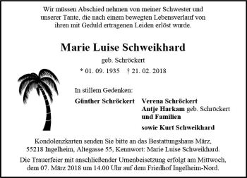 Traueranzeige von Marie Luise Schweikhard von Trauerportal Rhein Main Presse