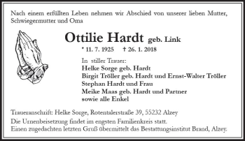 Traueranzeige von Ottilie Hardt von Trauerportal Rhein Main Presse
