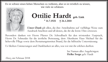 Traueranzeige von Ottilie Hardt von Trauerportal Rhein Main Presse