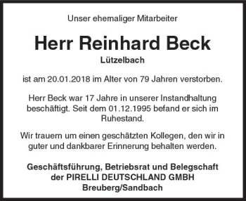 Traueranzeige von Reinhard Beck von Trauerportal Rhein Main Presse