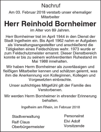 Traueranzeige von Reinhold Bornheimer von Trauerportal Rhein Main Presse