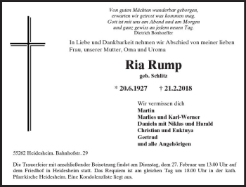 Traueranzeige von Ria Rump von Trauerportal Rhein Main Presse