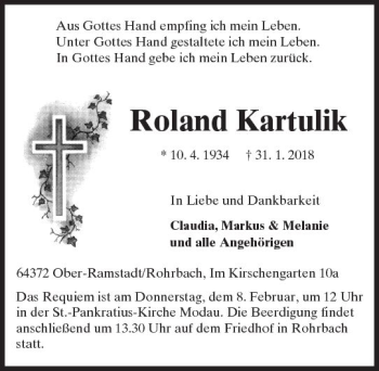 Traueranzeige von Roland Kartulik von Trauerportal Rhein Main Presse