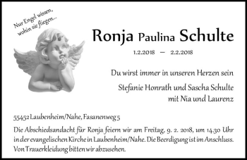 Traueranzeige von Ronja Paulina Schulte von Trauerportal Rhein Main Presse