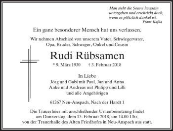 Traueranzeige von Rudi Rübsamen von  Usinger Anzeiger