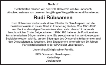 Traueranzeige von Rudi Rübsamen von  Usinger Anzeiger