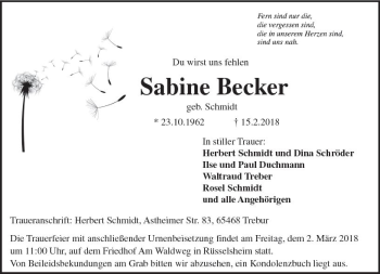 Traueranzeige von Sabine Becker von Trauerportal Rhein Main Presse