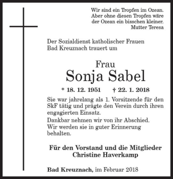 Traueranzeige von Sonja Sabel von Trauerportal Rhein Main Presse