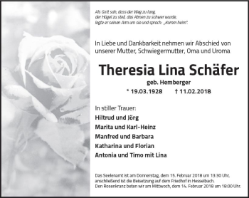 Traueranzeige von Theresia Lina Schäfer von Trauerportal Rhein Main Presse