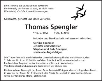 Traueranzeige von Thomas Spengler von Trauerportal Rhein Main Presse