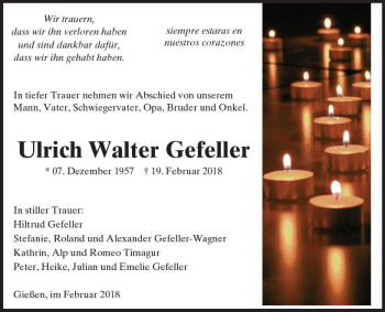 Traueranzeige von Ulrich Walter Gefeller von  Gießener Anzeiger