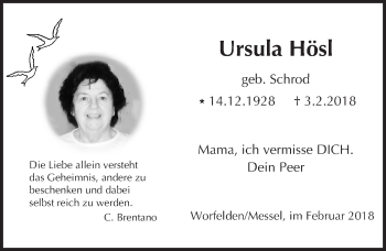 Traueranzeige von Ursula Hösl von Trauerportal Rhein Main Presse
