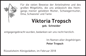 Traueranzeige von Viktoria Tropsch von Trauerportal Rhein Main Presse