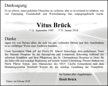Traueranzeige von Vitus Brück von Trauerportal Rhein Main Presse