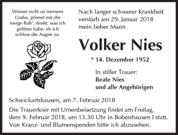 Traueranzeige von Volker Nies von  Kreisanzeiger