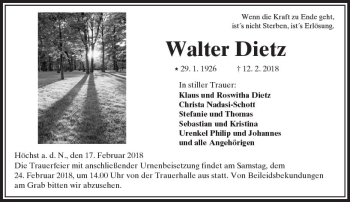 Traueranzeige von Walter Dietz von  Kreisanzeiger