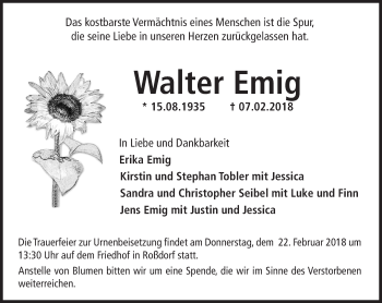 Traueranzeige von Walter Emig von Trauerportal Rhein Main Presse