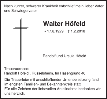 Traueranzeige von Walter Höfeld von Trauerportal Rhein Main Presse