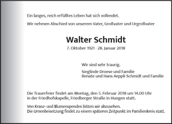 Traueranzeige von Walter Schmidt von  Kreisanzeiger