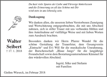 Traueranzeige von Walter Seibert von  Gießener Anzeiger