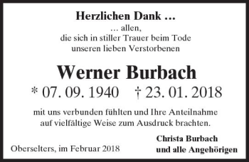 Traueranzeige von Werner Burbach von  Camberger Anzeiger