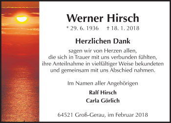 Traueranzeige von Werner Hirsch von Trauerportal Rhein Main Presse