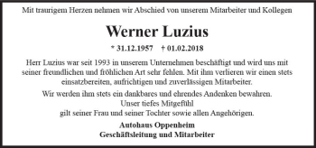 Traueranzeige von Werner Luzius von Trauerportal Rhein Main Presse
