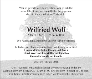 Traueranzeige von Wilfried Wolf von  Kreisanzeiger