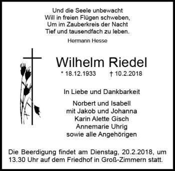 Traueranzeige von Wilhelm Riedel von Trauerportal Rhein Main Presse