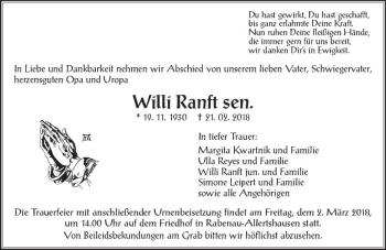 Traueranzeige von Willi Ranft von  Gießener Anzeiger