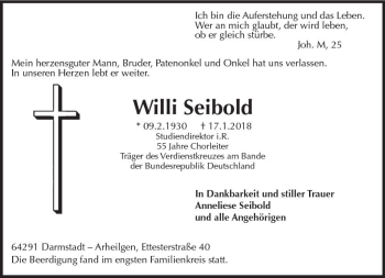 Traueranzeige von Willi Seibold von Trauerportal Rhein Main Presse
