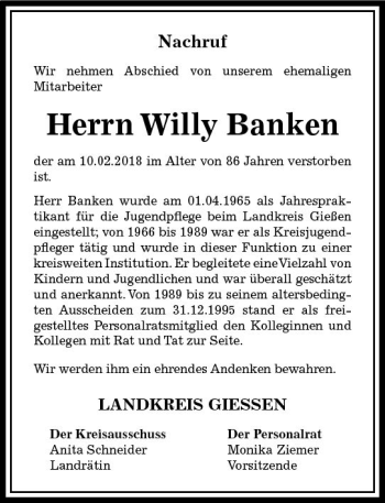 Traueranzeige von Willy Banken von  Gießener Anzeiger