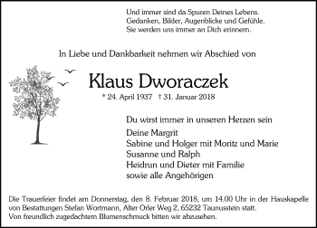 Traueranzeige von Klaus Dworaczek von VRM Tageszeitungen