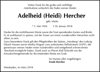 Traueranzeige von Adelheid Hercher von Trauerportal Rhein Main Presse