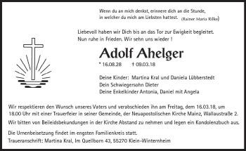 Traueranzeige von Adolf Ahelger von Trauerportal Rhein Main Presse