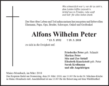 Traueranzeige von Alfons Wilhelm Peter von Trauerportal Rhein Main Presse