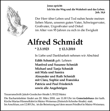 Traueranzeige von Alfred Schmidt von Trauerportal Rhein Main Presse